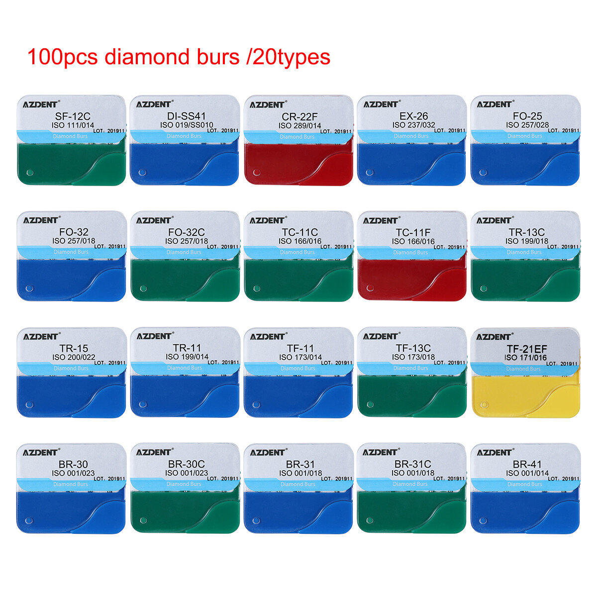 100 piezas/20 tipos AZDENT fresas de diamante dentales FG medio 1.6mm Kit