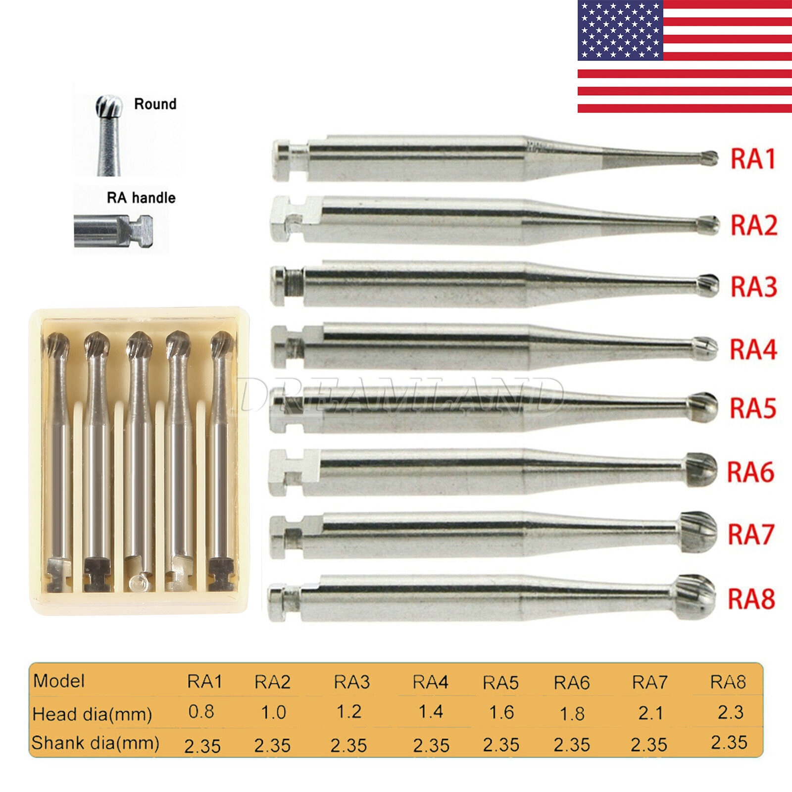 Dental Round Latch Carbide Bur RA 1 2 3 4 5 6 7 8 Midwest For Low Speed