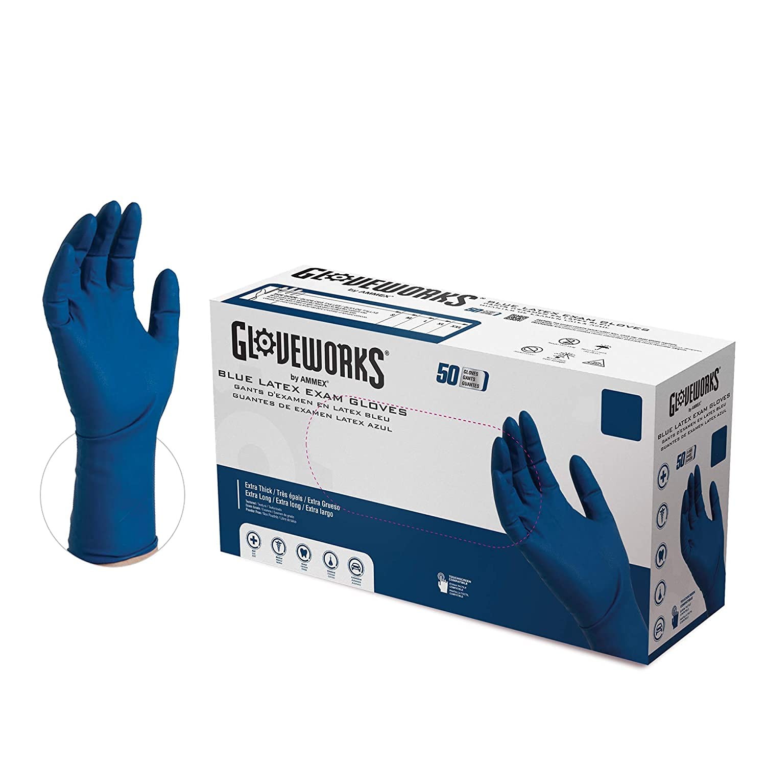 AMMEX GLOVEPLUS HD Medical Blue Latex Gloves, Box of 50, 13 mil, Size XLarge,…