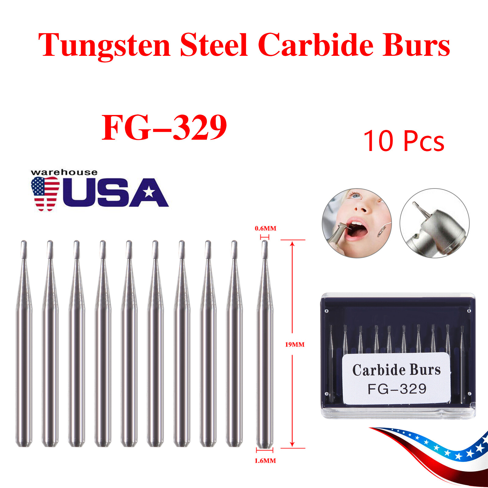 Dental Carbide Burs FG #330 329 Pear Burs for High Speed Handpiece 19mm 10pcs