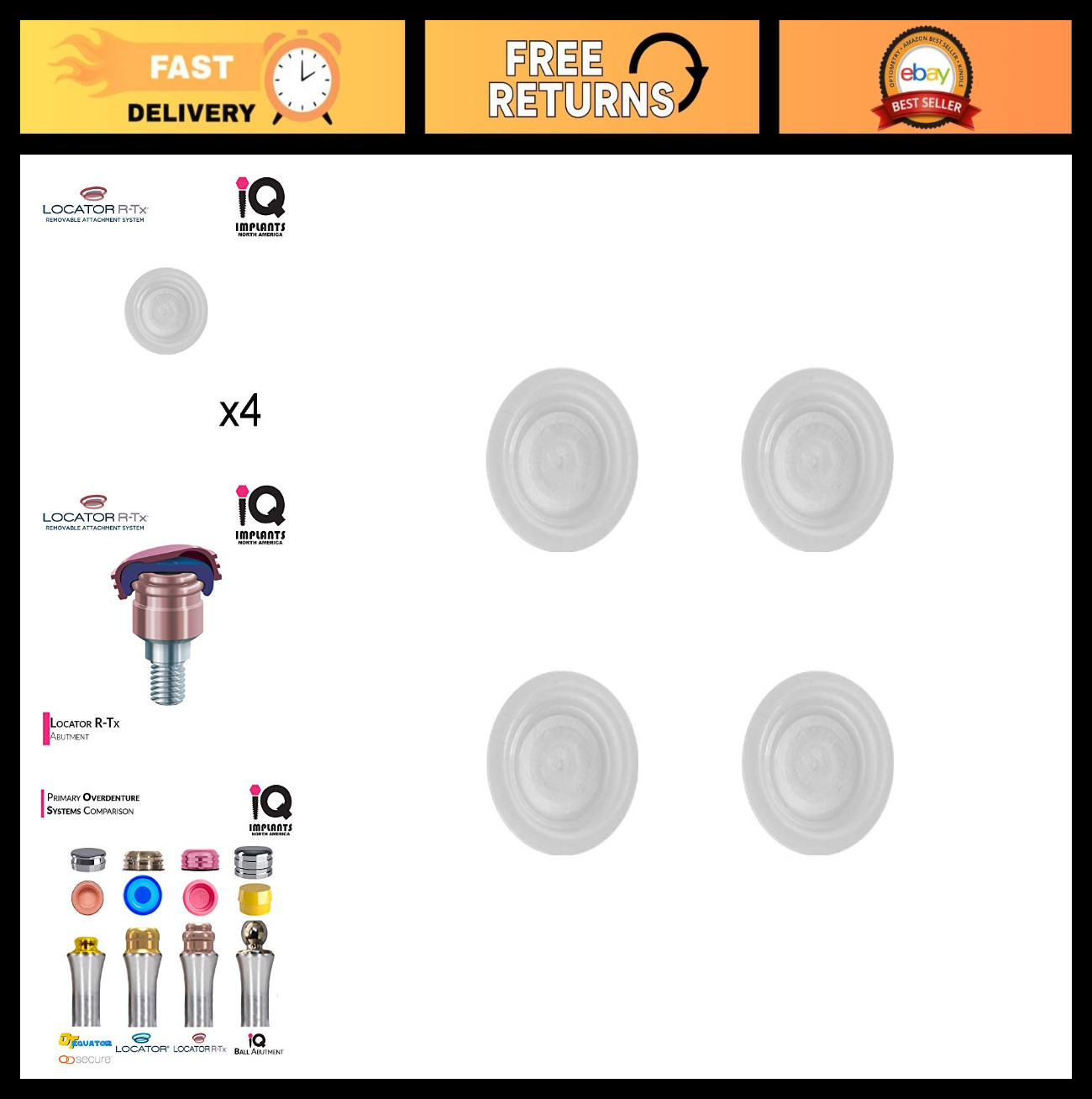 High Retention Clear Locator Caps – 4 Pack, Dental Implant Accessories, Durable