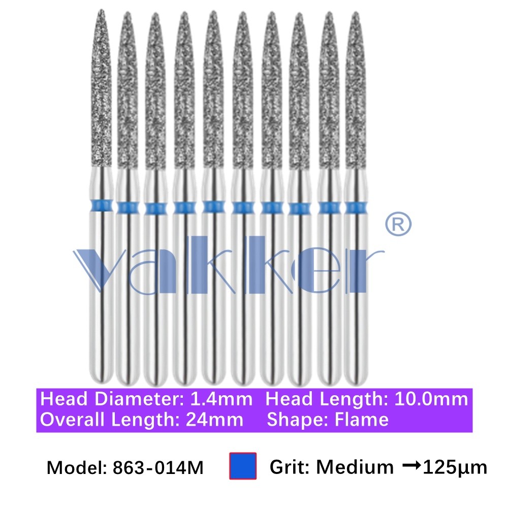 10/Pk Dental Diamond Bur Flame Shape FG 863-014M Medium Grit Friction Grip