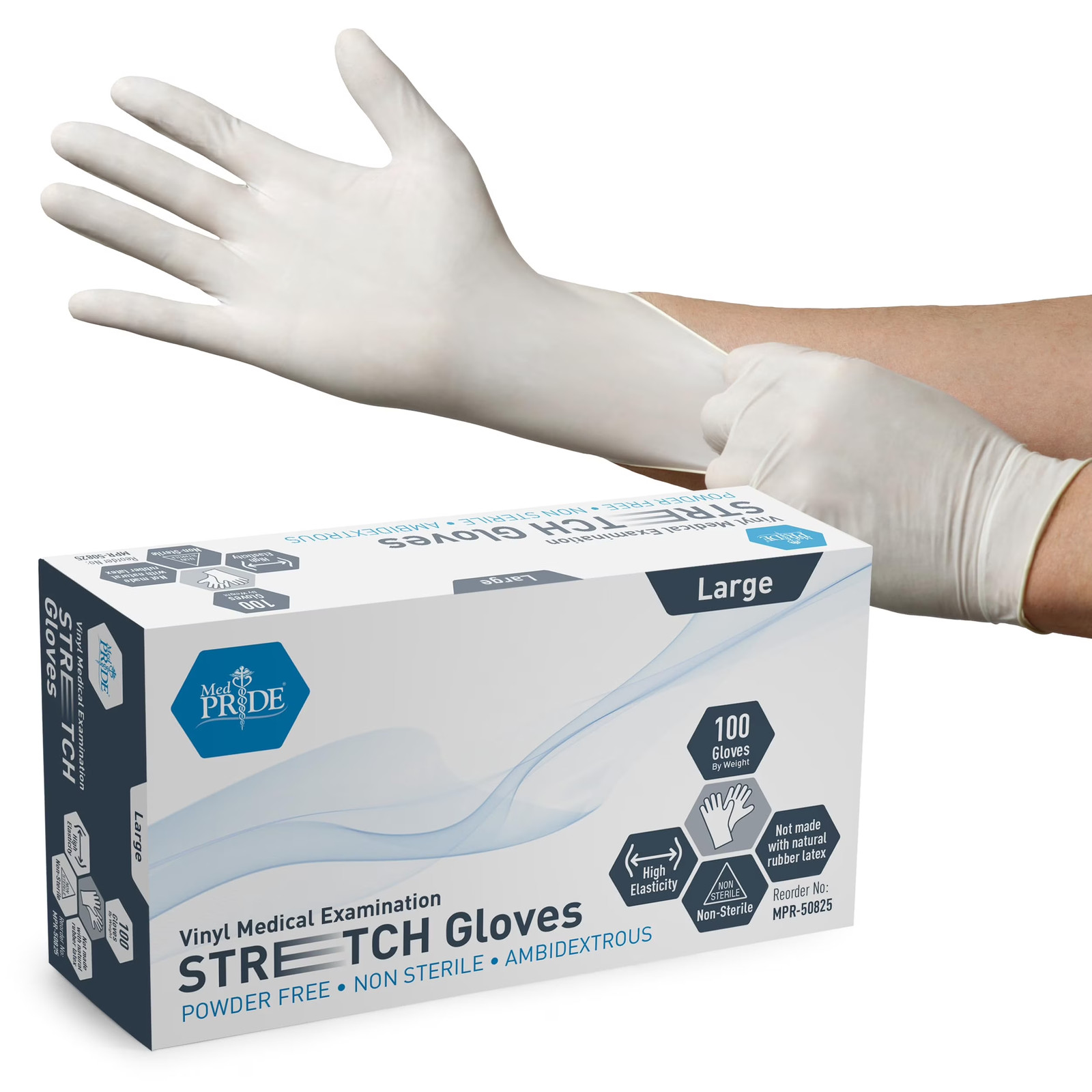 MED PRIDE White Disposable Medical Gloves, Ultra-Stretchy Vinyl, Latex and Powde