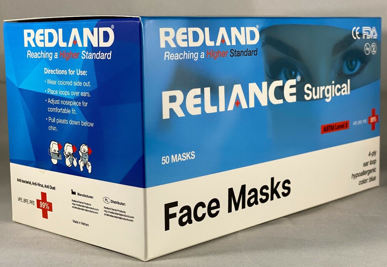 REDLAND RELIANCE Surgical 4ply BLUE Ear loop Face Mask (ASTM LEVEL-3) 50 PC/PK