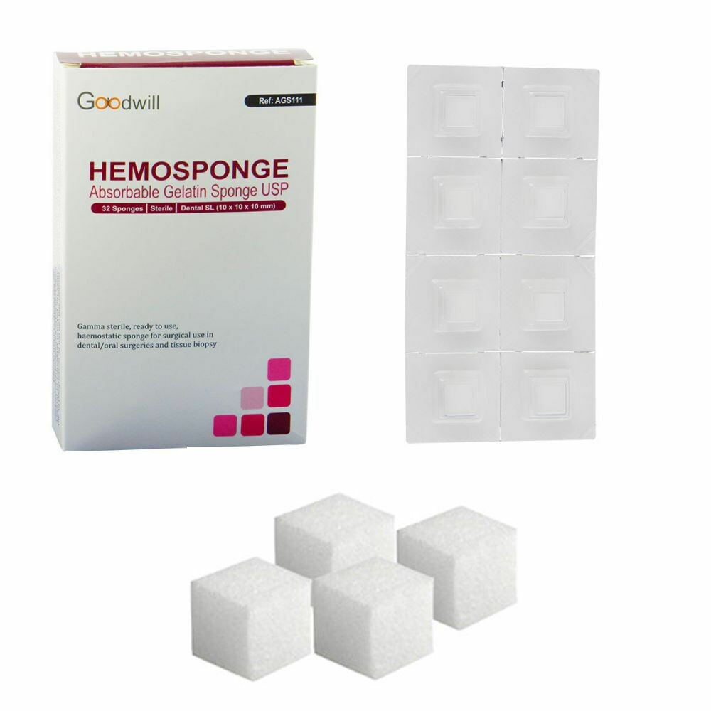 10 x Dental HEMOSPONGE Absorbable Gelatin USP Sterile 32 Sponge Pack 10x10x10mm