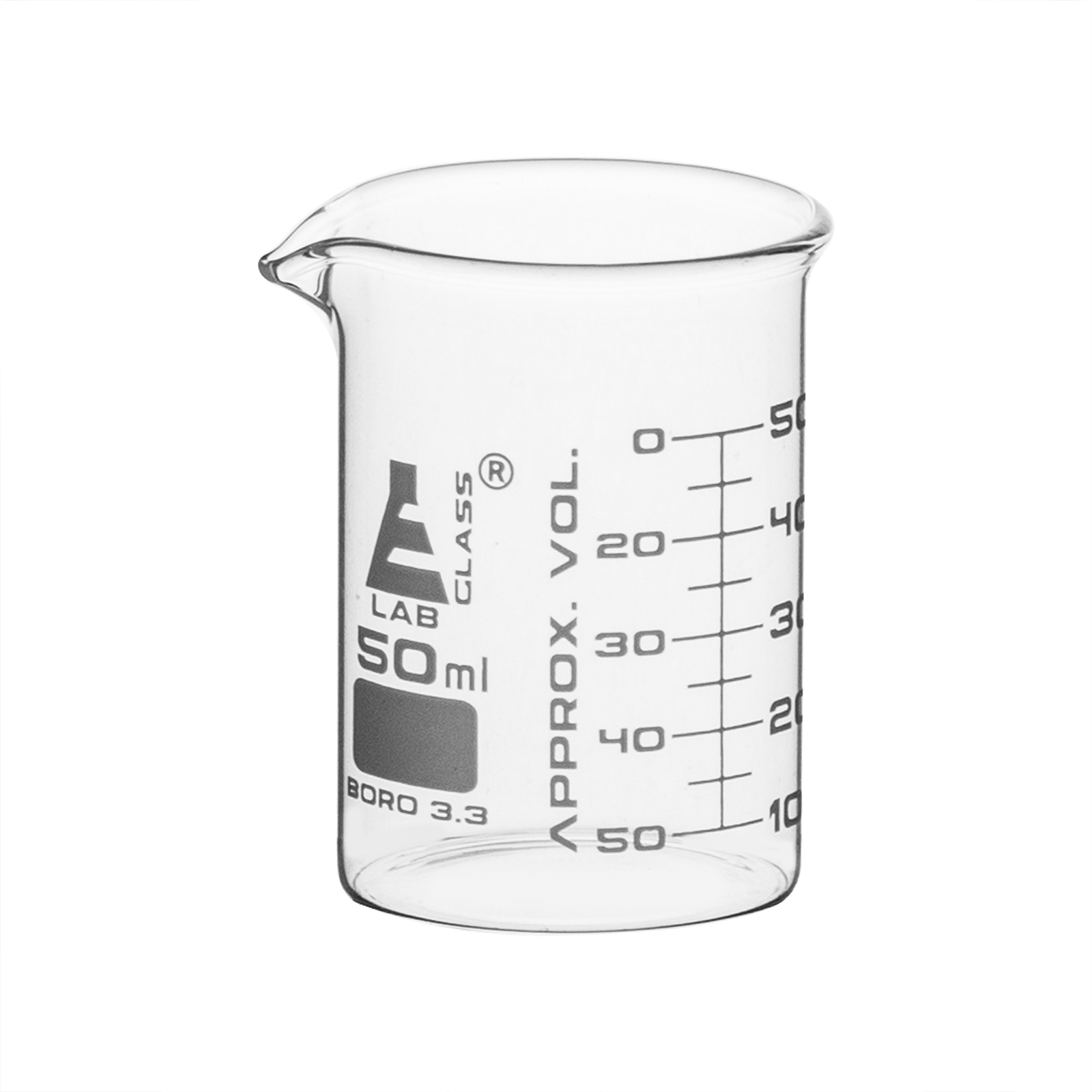 Eisco Labs 50ml Beaker, Low Form, Dual Scale – ASTM – Borosilicate Glass