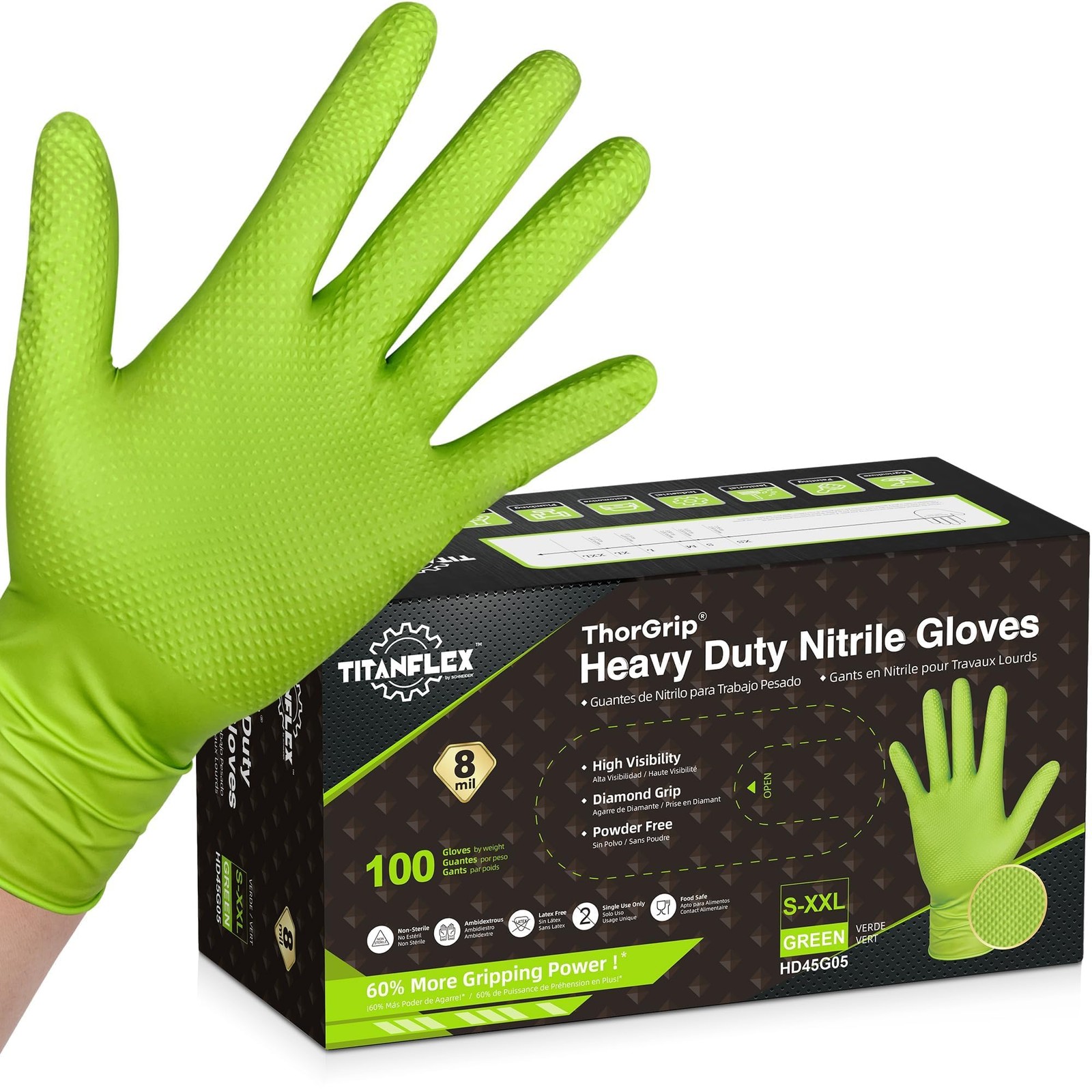 Heavy Duty Green Industrial Nitrile Gloves, 8mil, Large, Box of 100, Latex , …