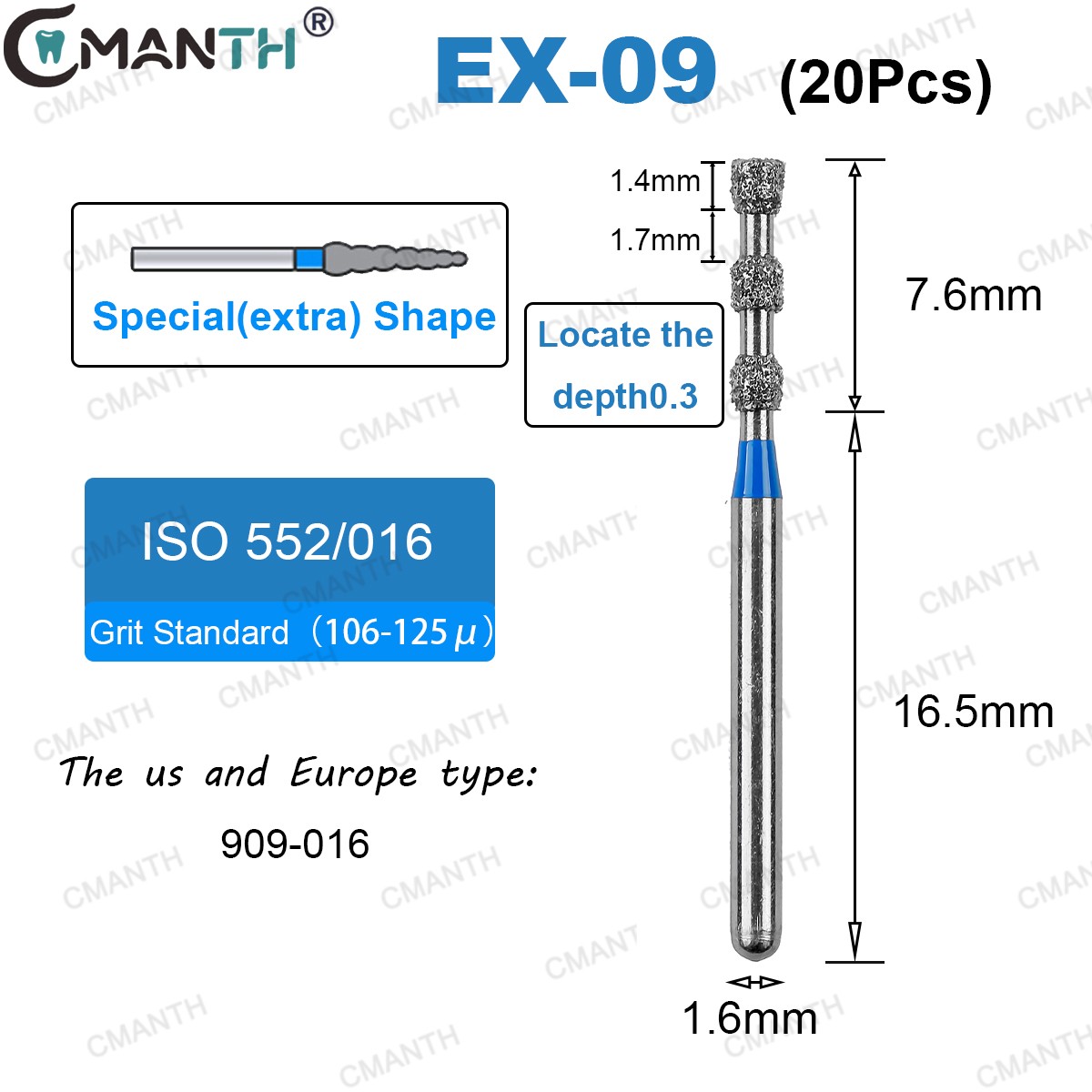 US Dental Diamond Burs FG 1.6mm High Speed Bur 20PCS EX Type (extra) 811 909 839