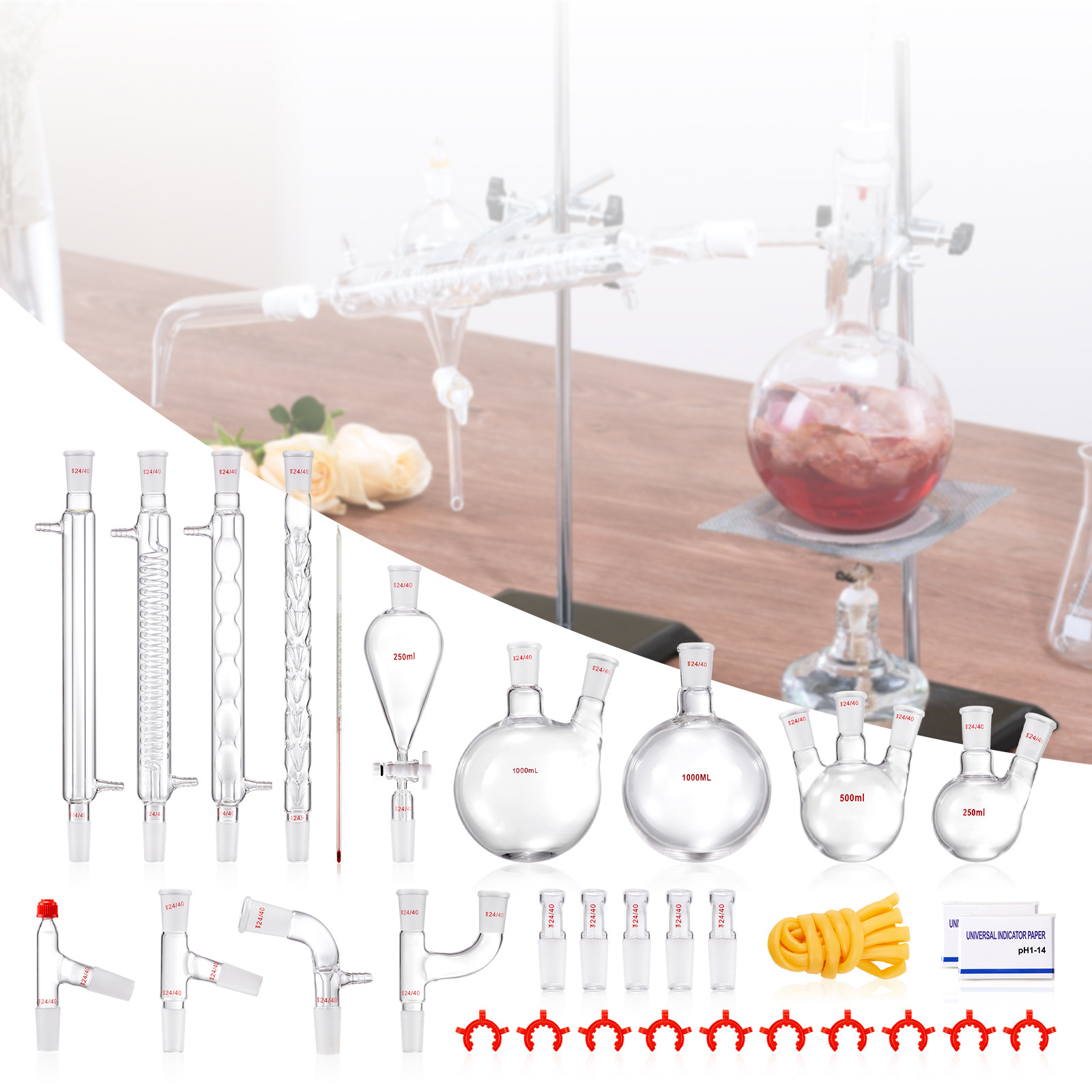 VEVOR Lab Glassware Distillation Kit 1000ml 3.3 Boro 32 pcs Glassware Equipment