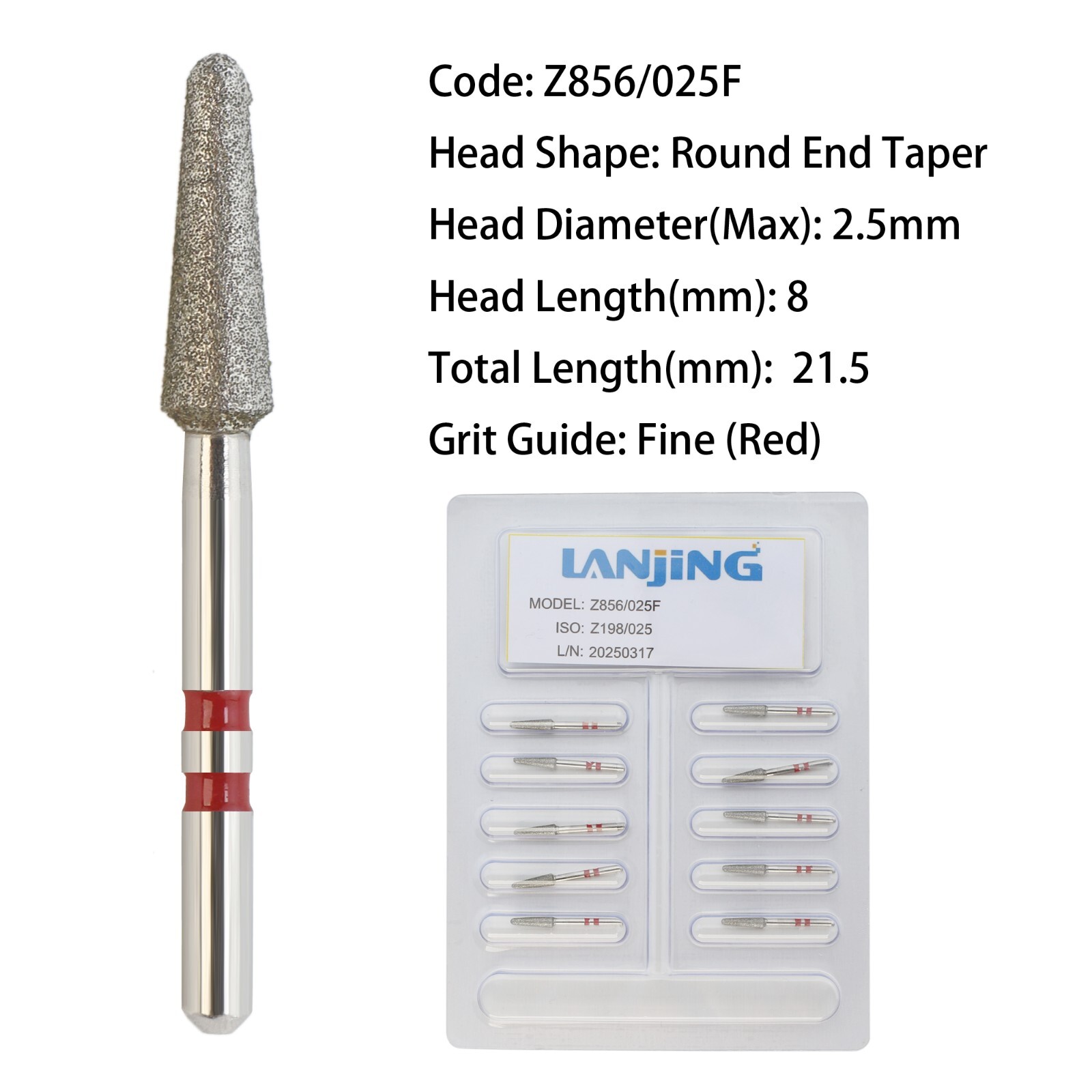 Zirconia Adjustment Diamond Burs Round End Taper Z856/025F for High Speed FG