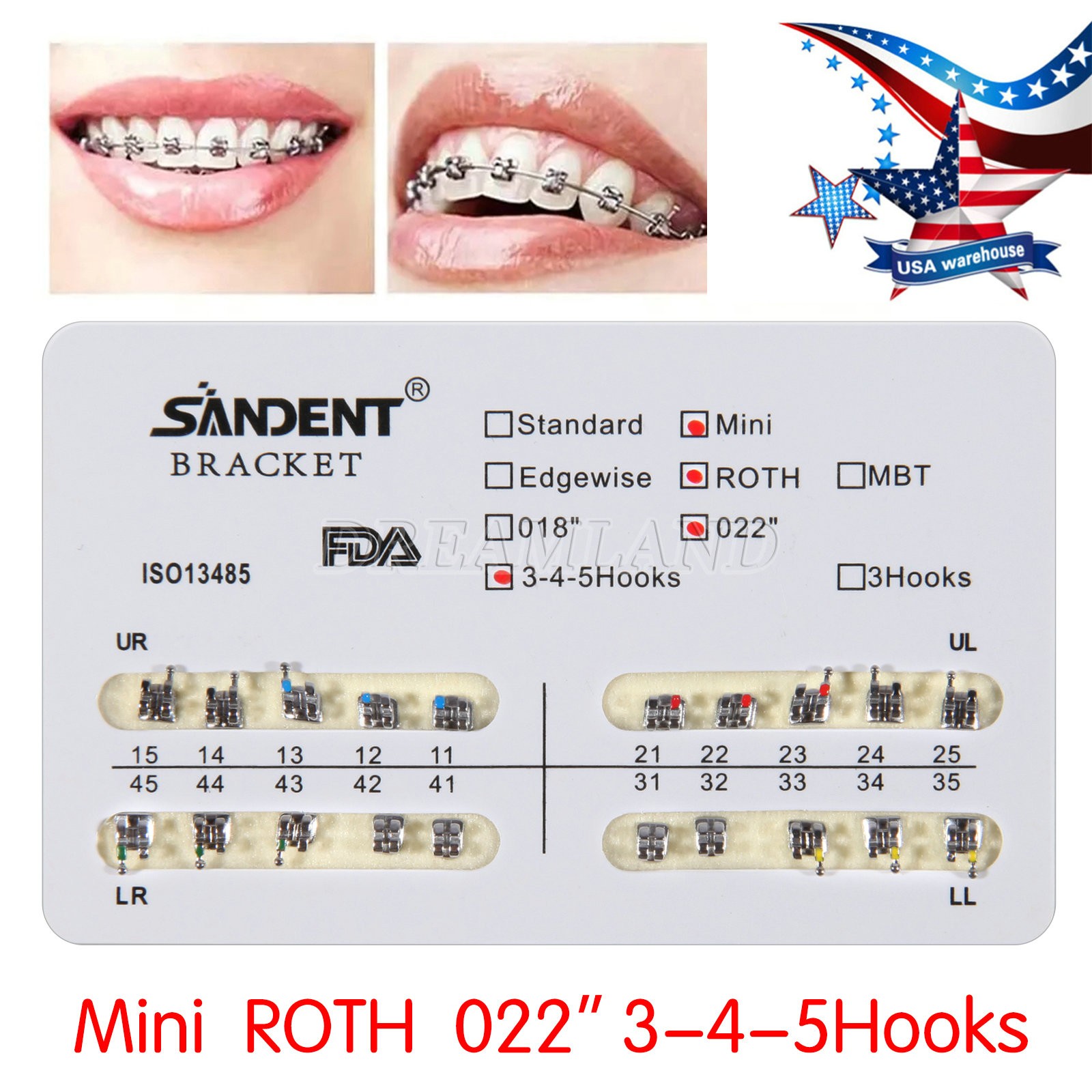 10 Kit Dental Orthodontic Metal Brackets Braces Mini Roth Slot.022 3-4-5 Hooks H