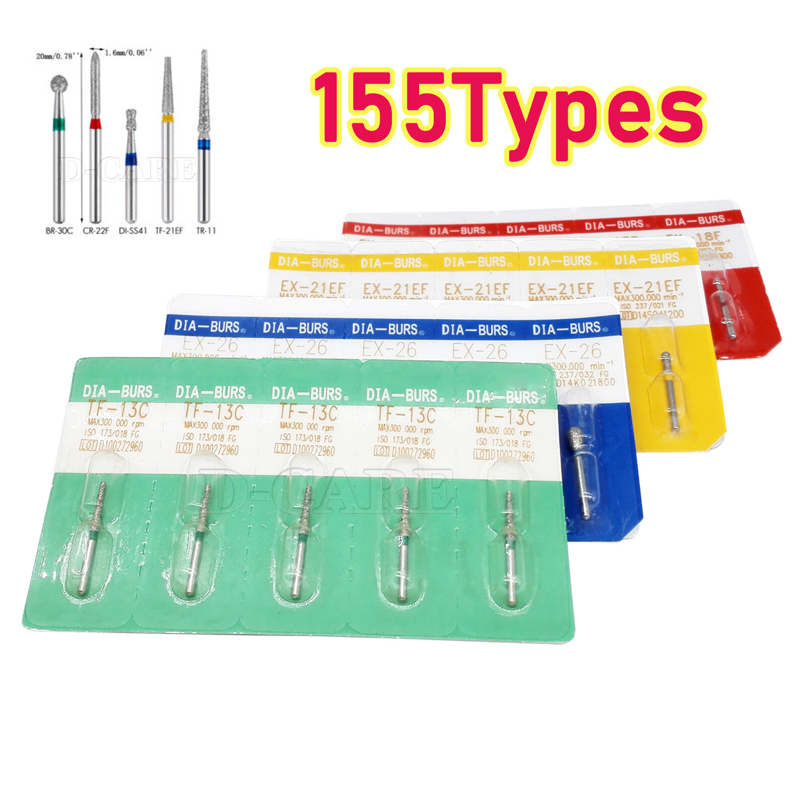 5PCS DIA-BURS Dental High Speed Air Turbine Handpiece FG Diamond Burs 158 Types