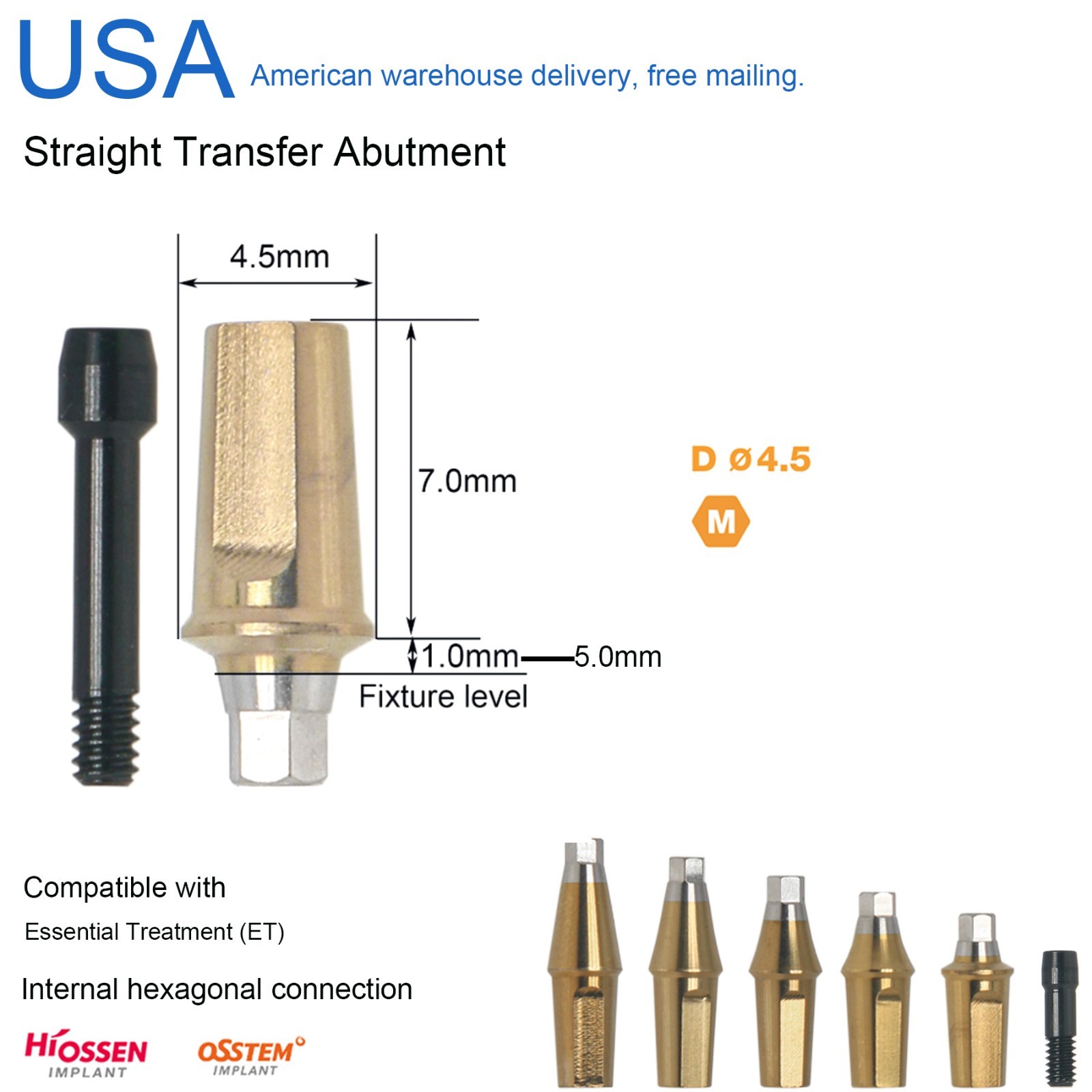 US Titanium Straight Hex Abutment Compatible Osstem Hiossen Mini/Regular Implant