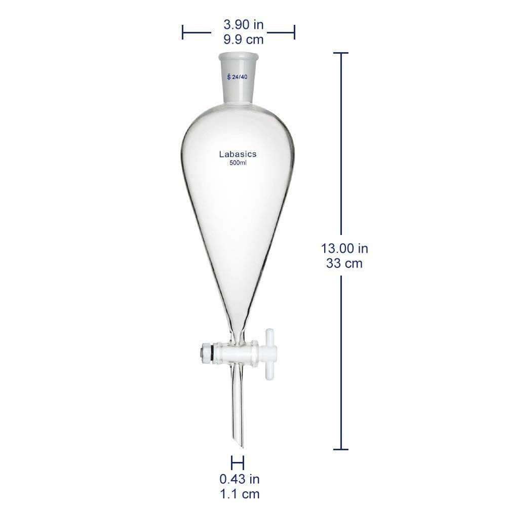 500ml Borosilicate Glass Conical Separatory Funnel with PTFE Stopcock