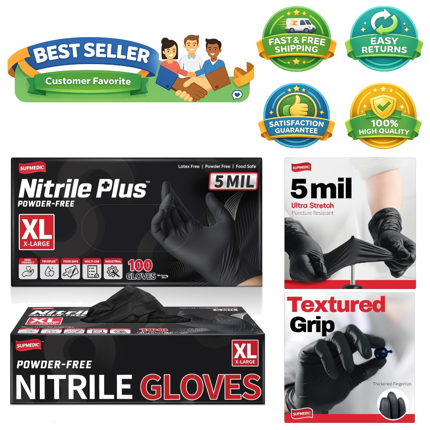 100 Disposable Nitrile Gloves – 5Mil Black, Latex-Free, Chemical Resistant, X…
