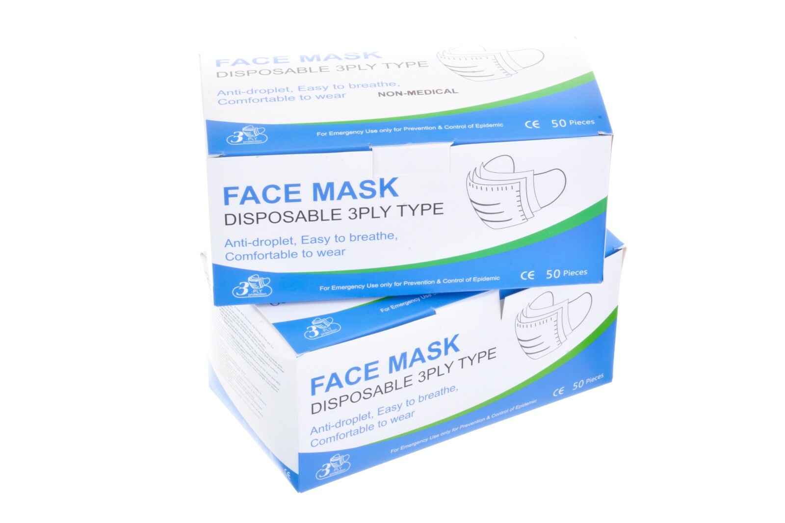 100 Pcs ( 2 box of 50 pc ) Disposable 3 Layer Face Protective Mask