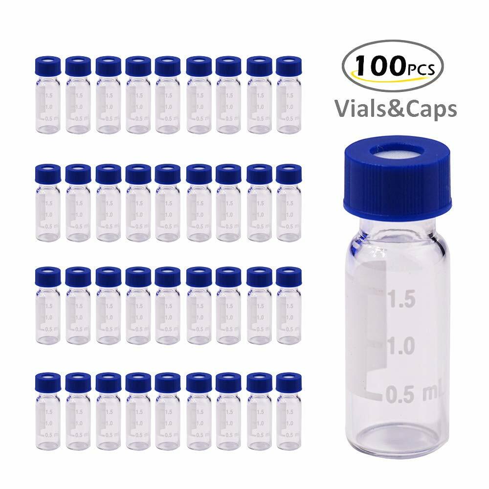 100Pcs 2ml Sampler Vials+9-425 Amber/Clear Vial w/Blue Screw Caps Writing Patch