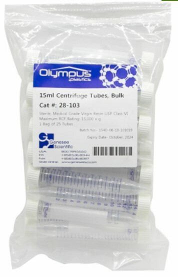 Genesee 28-103 15ml Conical Centrifuge Tubes Polypropylene 500/case -10 cases