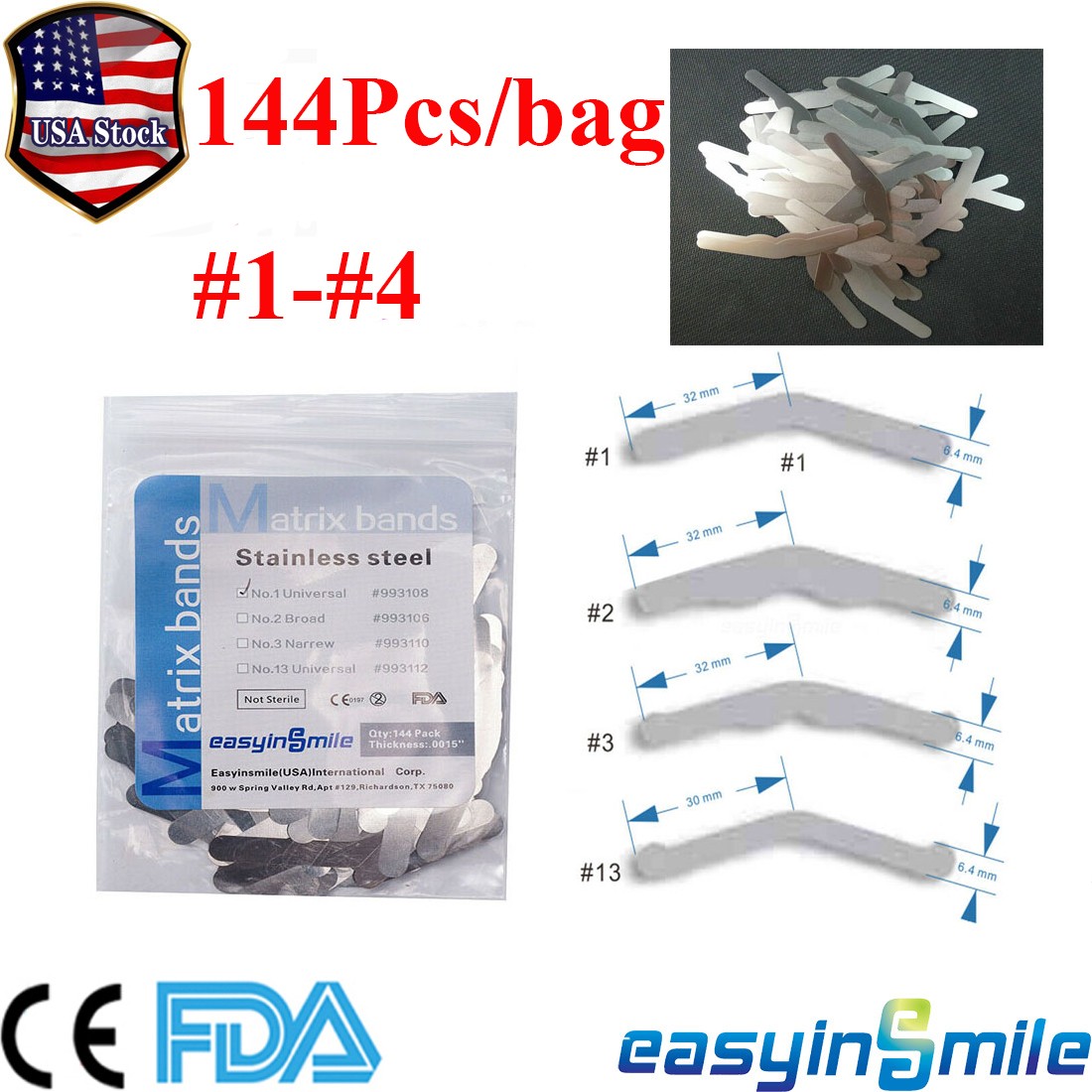 144Pcs Dental Matrix Bands Sectional Contoured Band Tofflemire Regular #1-#4