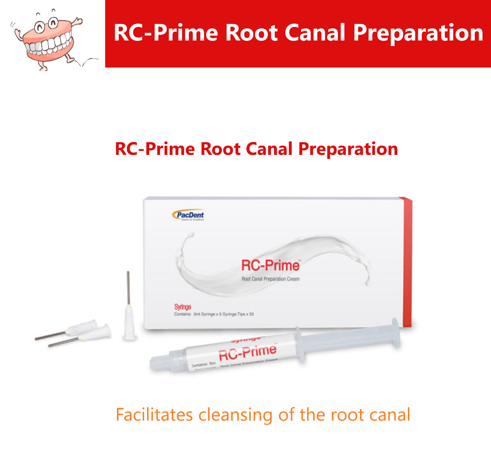 Dental Pac-Dent RC Prime Root Canal Prep 1/5 x 3cc Syringes, 50 tips