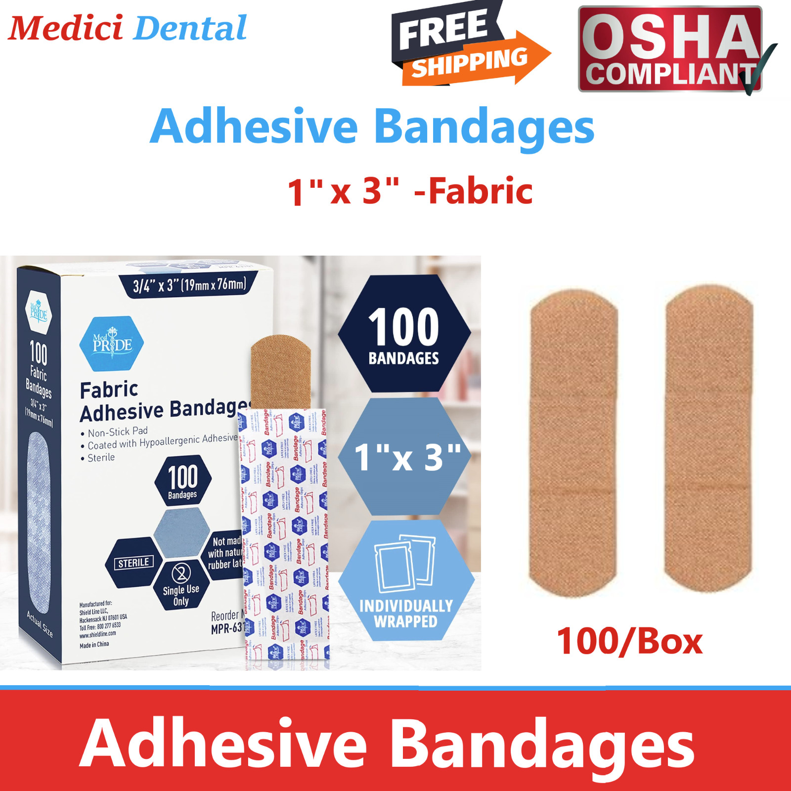Dental Medical Adhesive Bandaid Bandage Strips, 1″ x 3″, 100/bx – Fabric Bandage