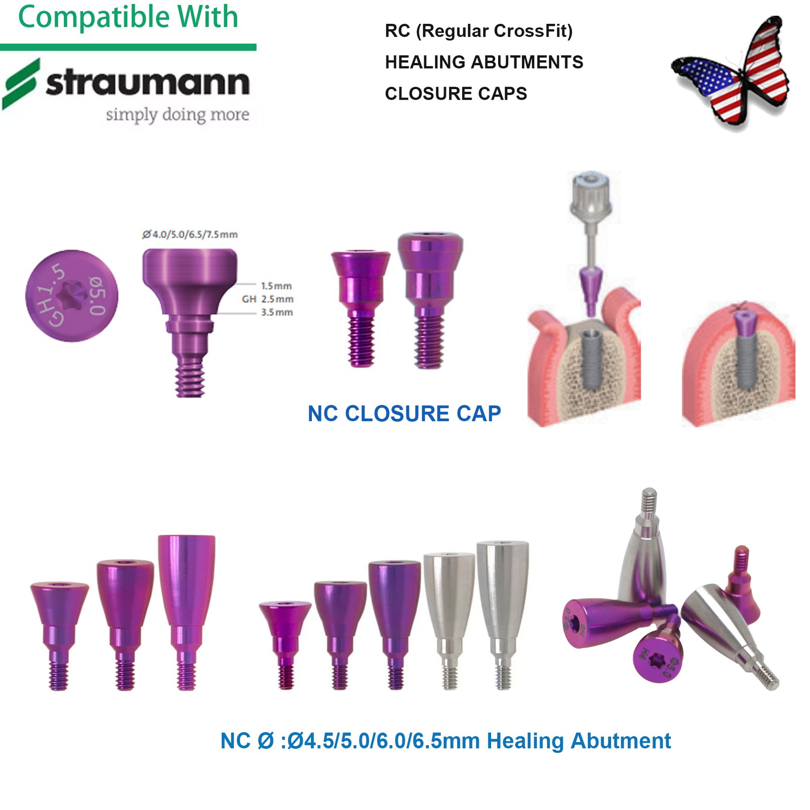 5Pcs Dental Healing Abutment & Closure Cap Fit Straumann BL/BLT NC RC Bone Level