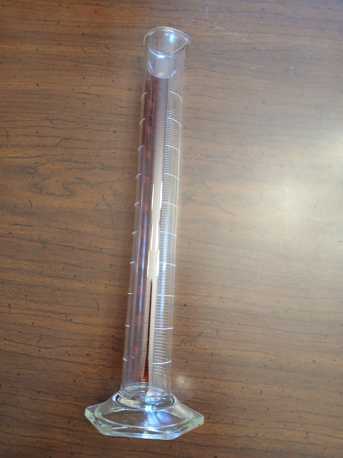 CORNING Pyrex 100ML Graduated Cylinder Hex Base 3042 Red Scale/Spout Made in USA