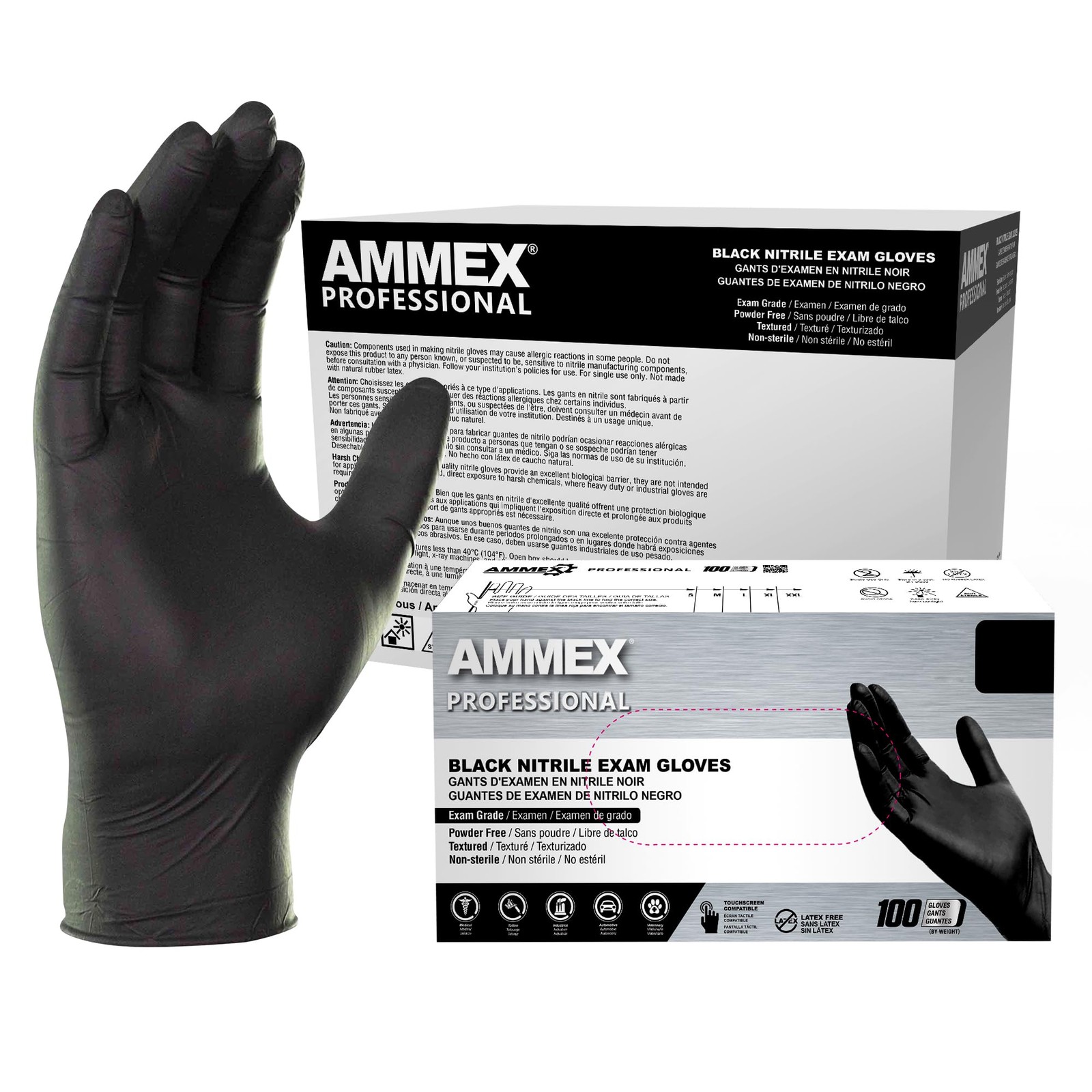 AMMEX Black Nitrile Exam Gloves, Case of 1000, 3 Mil, Size Medium, Latex Free,