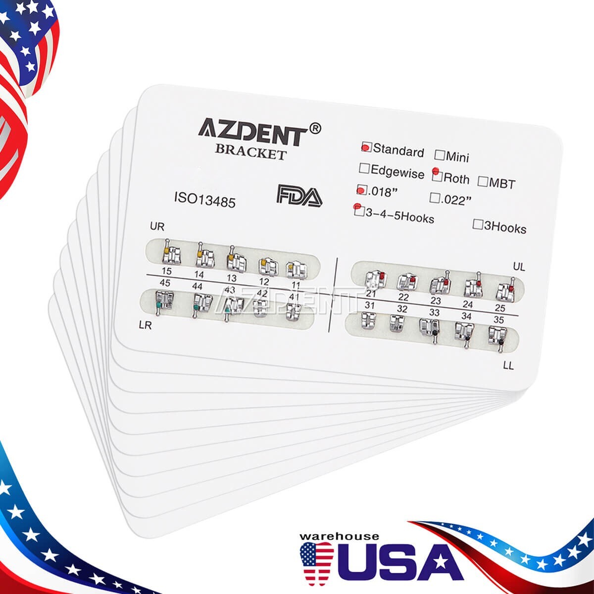 20 Packs AZDENT Dental Orthodontic Brackets Standard Roth Slot 0.018 Hooks 3 4 5