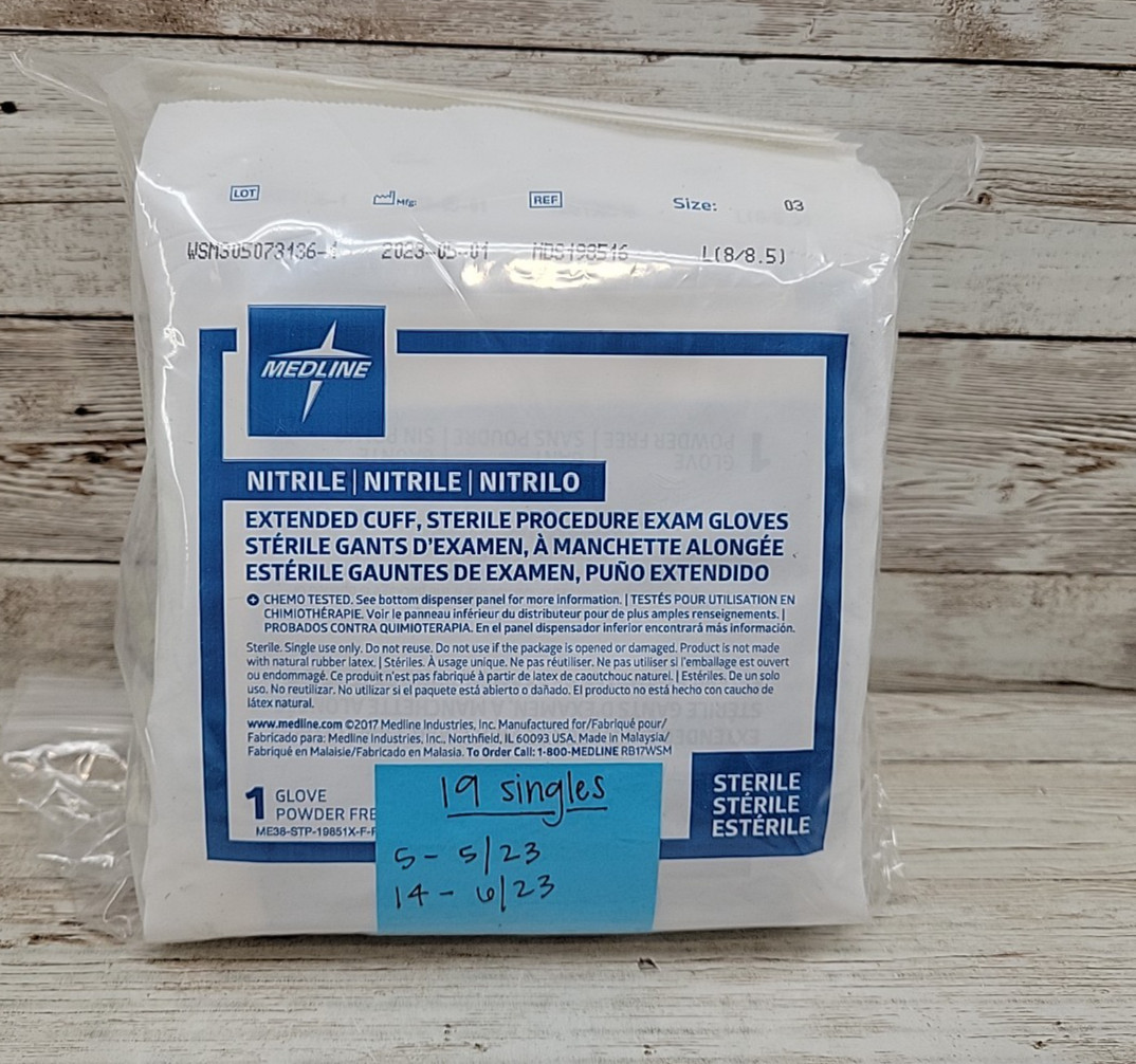 MEDLINE Nitrile Exam Gloves Extended Cuff *19 Singles* Sterile Size: LARGE
