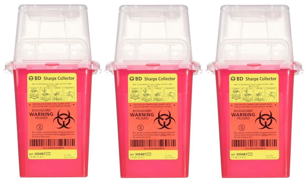 3 – BD® Phlebotomy Sharps BioHazard Container 1.5 qt Hinge Cap w/Needle Port Red