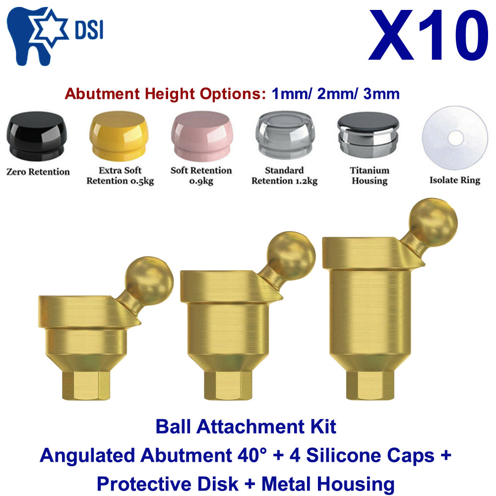 10x DSI Angulated Ball Attachment Abutment 40° Full Kit Overdenture Int Hex 2.42