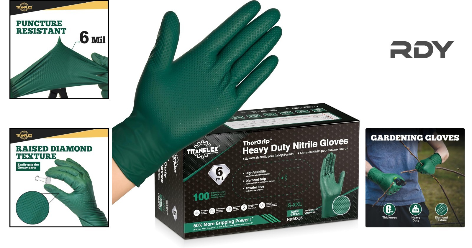Heavy Duty Nitrile Gloves, 6 Mil Dark Green, 100 Pack for Mechanics – Latex Free