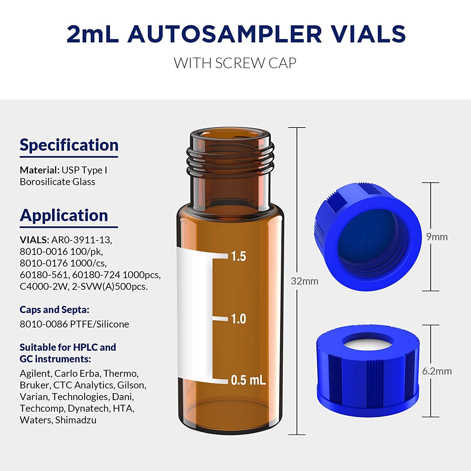 Simpure 2000x 2ml Clear/Amber Autosampler Vials & Screw Caps +250uL Vials Insert