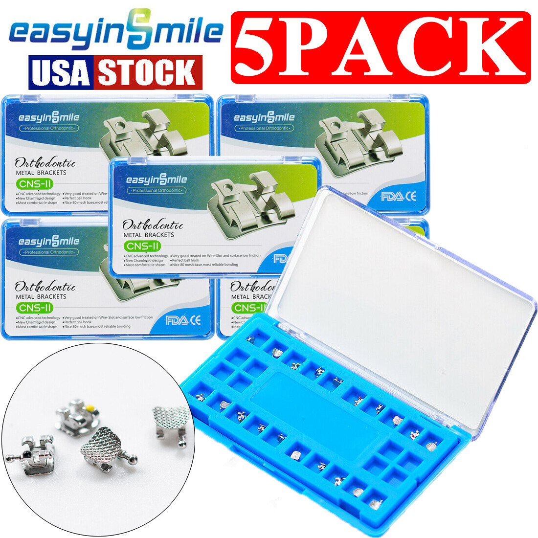 5Kits Easyinsmile Dental Orthodontic Metal Brackets Roth/MBT .022 hook 345 USA