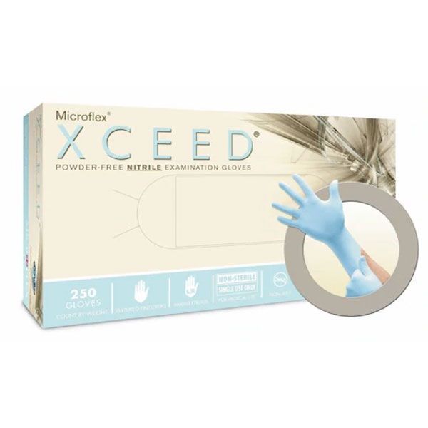 Microflex XCEED Nitrile Exam Gloves: X-SMALL, 250/Bx, Blue, Powder