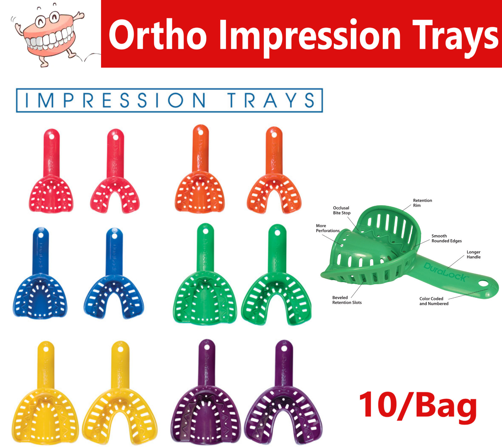Dental Ortho Impression Trays Perforated Disposable For Child/Pedo, Adult 10/bag
