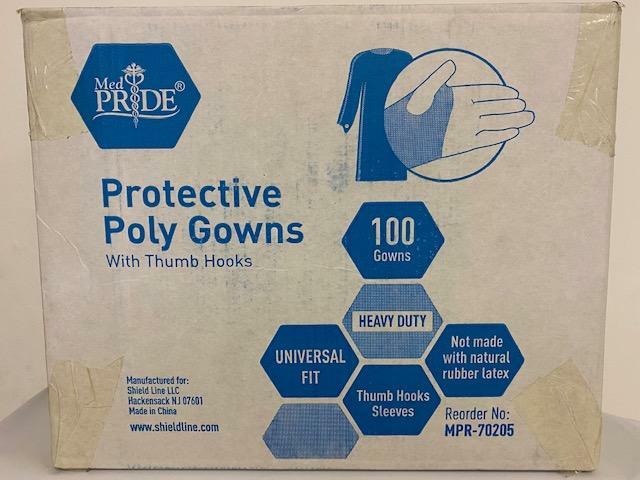 MedPride Impervious Isolation Protective Poly-Gowns W/Thumb Hooks,Blue,100/Box