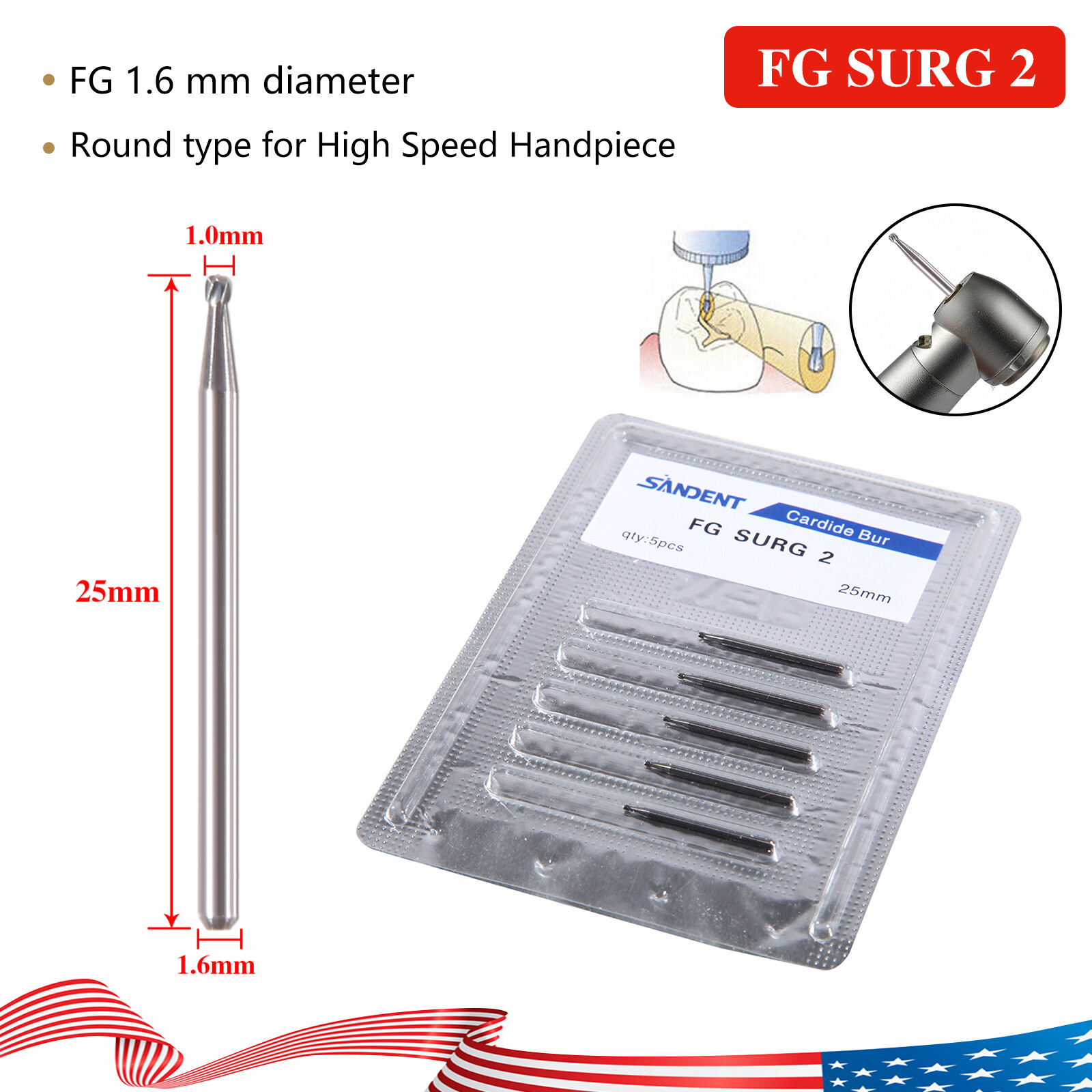 Dental Surgical Carbide Bur 25mm Friction Grip FG Round For High Speed FG2/3/4/5