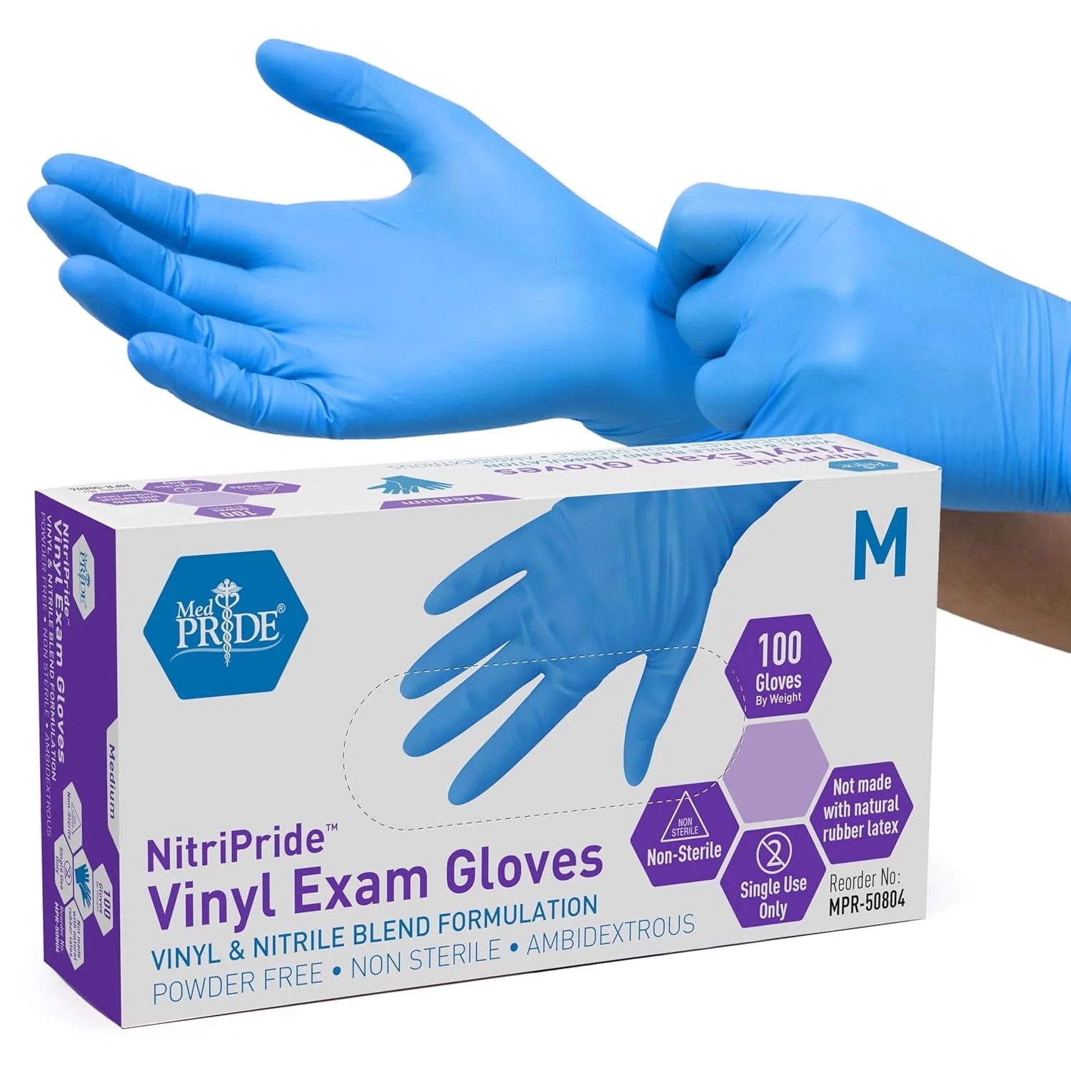Blue Non Latex Gloves, Powder-Free, Rubber-Free Disposable, Medium, 100-Pack