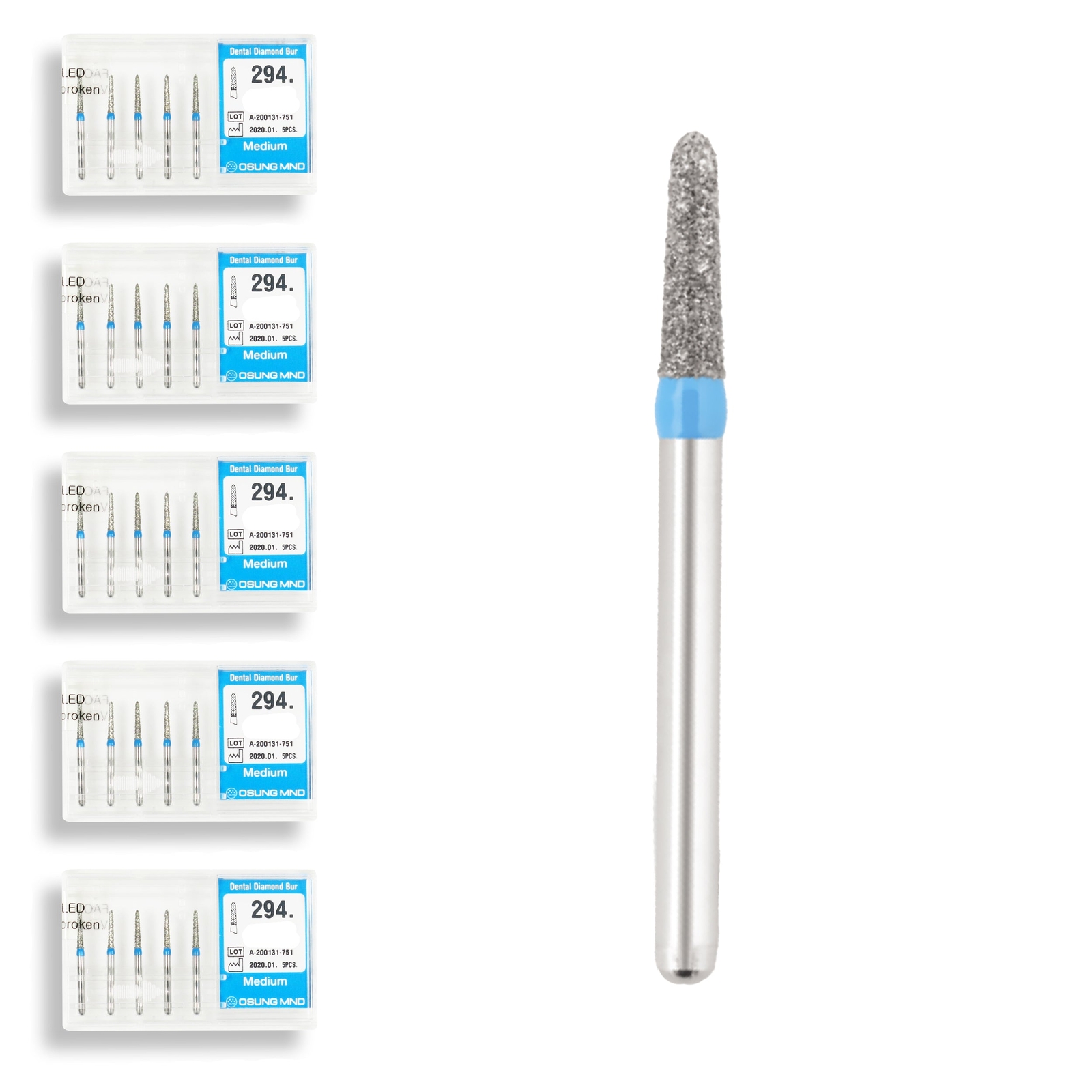 Torpedo, Conical 1.2 mm Dia. Medium Grit Diamond Dental Bur 25 Pcs. 294.12M3