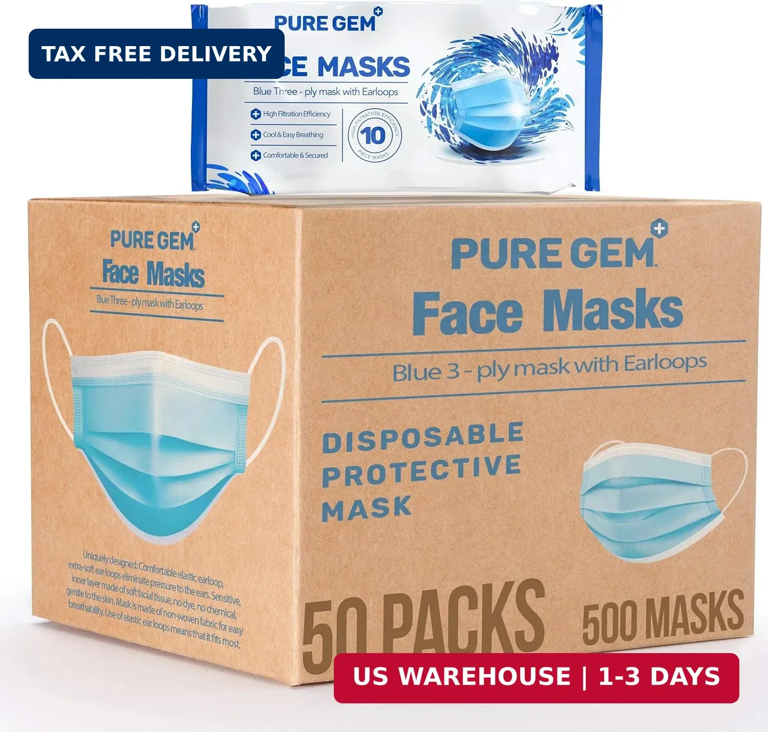 Premium Pack of 500 (50 x 10 Masks) Single Use Disposable Face Mask, Soft on Ski