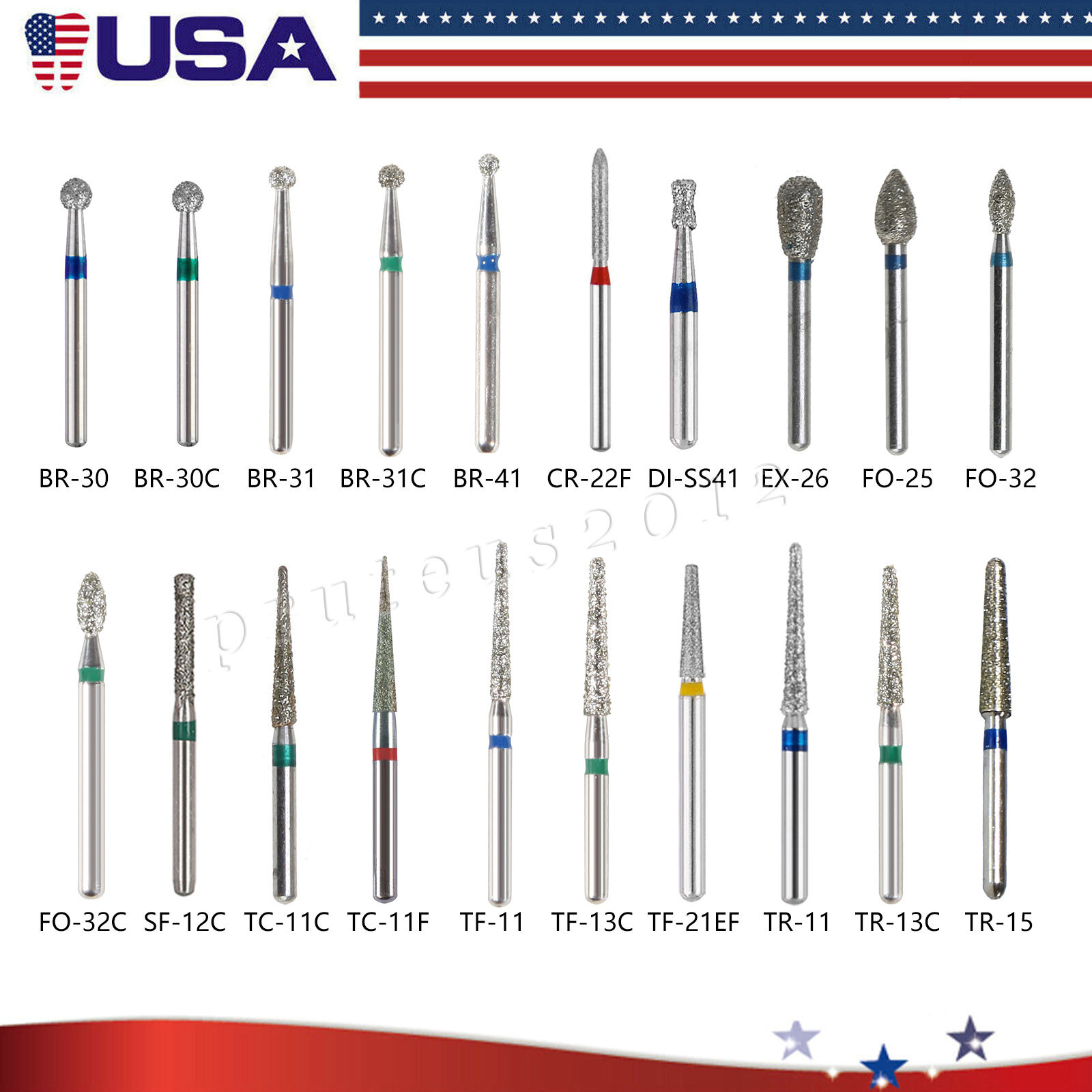 100* USA Medium Dental Diamond Burs for High Speed Handpiece FG1.6mm Mixed