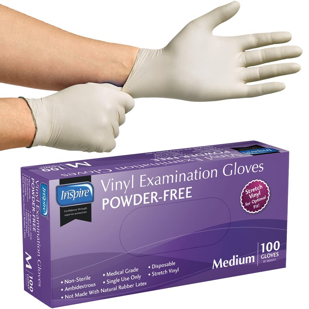 Inspire Exam Grade Powder & Latex Free Stretch Vinyl Gloves, Medium, White