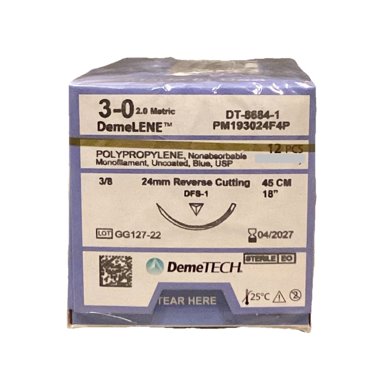 DemeLENE 3-0 USP Polypropylene Sutures 18” DFS-1 24mm RC 3/8c EXP 2027 NEW