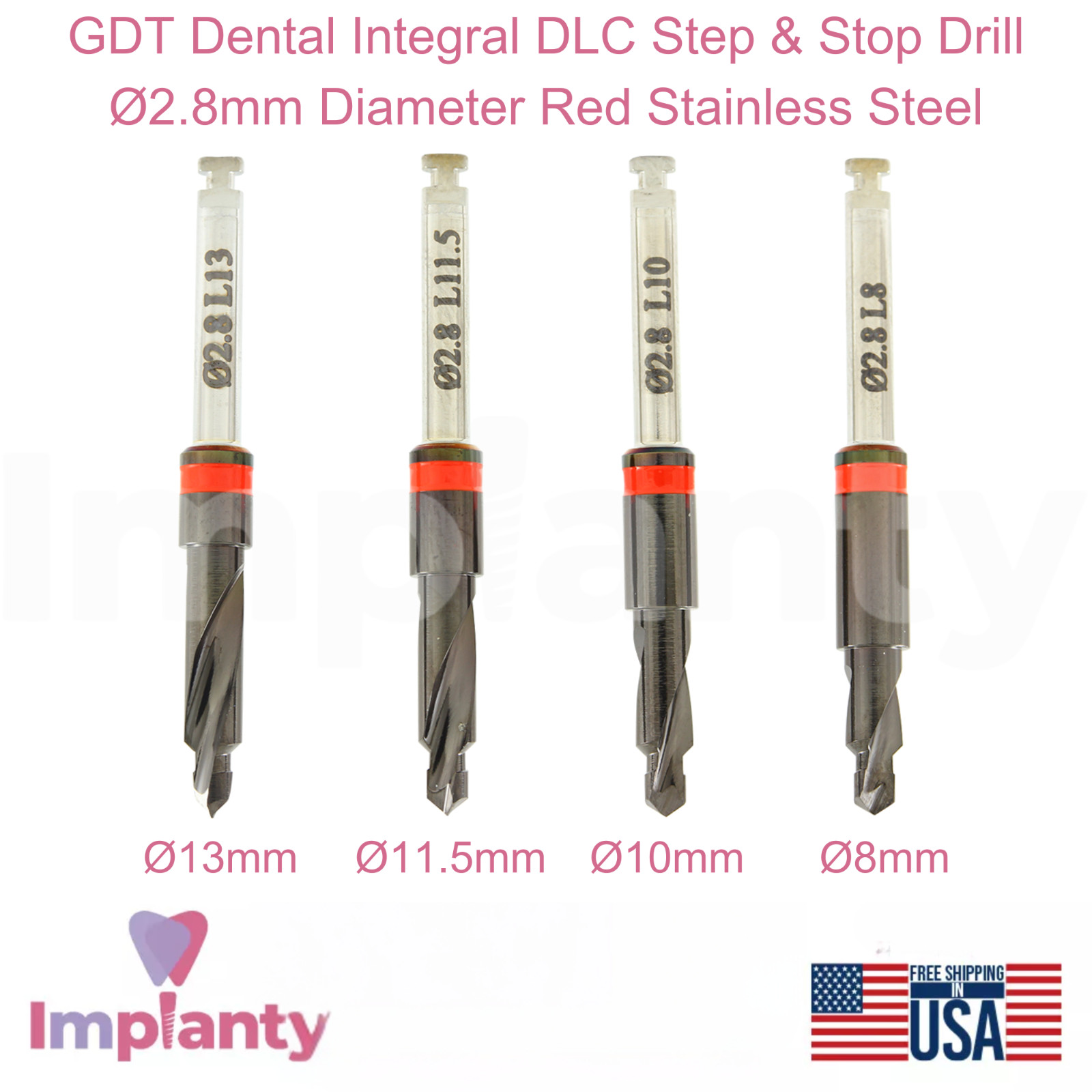 GDT Dental Integral DLC Step & Stop Drill Ø2.8mm Diameter Red Stainless Steel