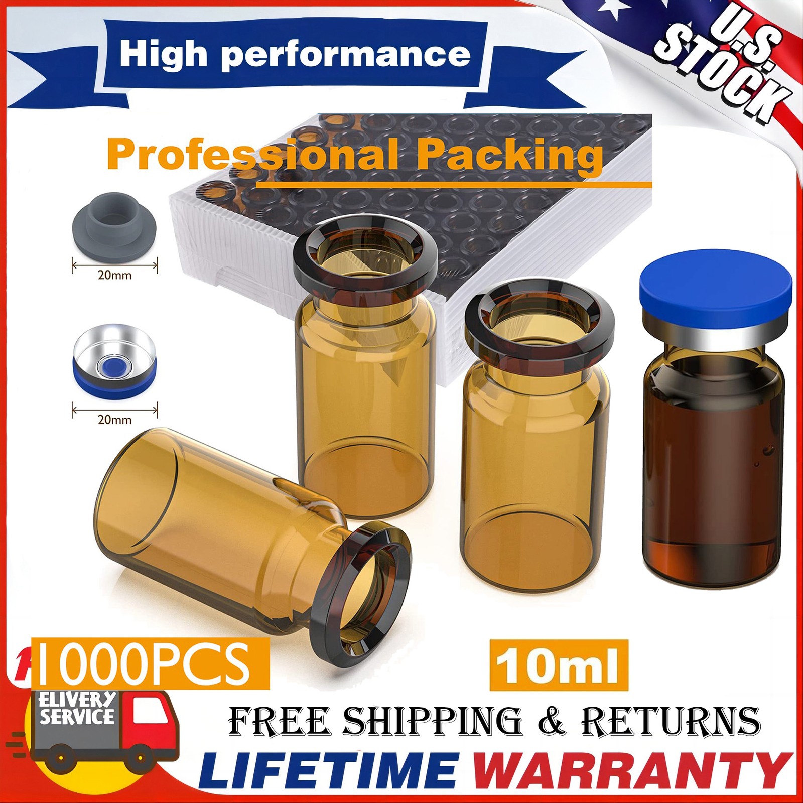 10ml Glass Vials 1000Pack Amber Glass Headspace Vials w/ Plastic-Aluminum Flip