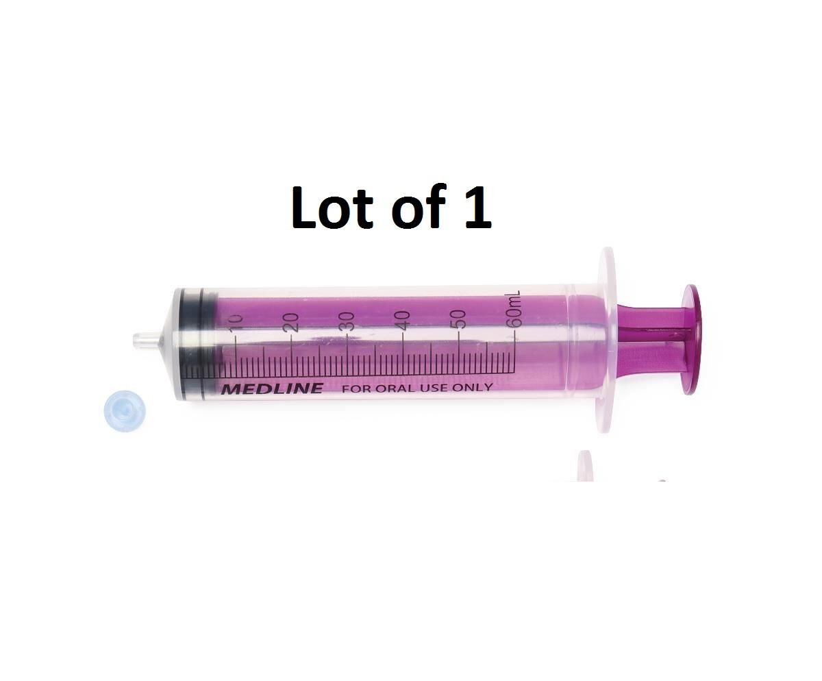 ( 1x ) 60mL Oral Syringe , Medline, Sterile Clear Barrel Purple Plunger with Cap