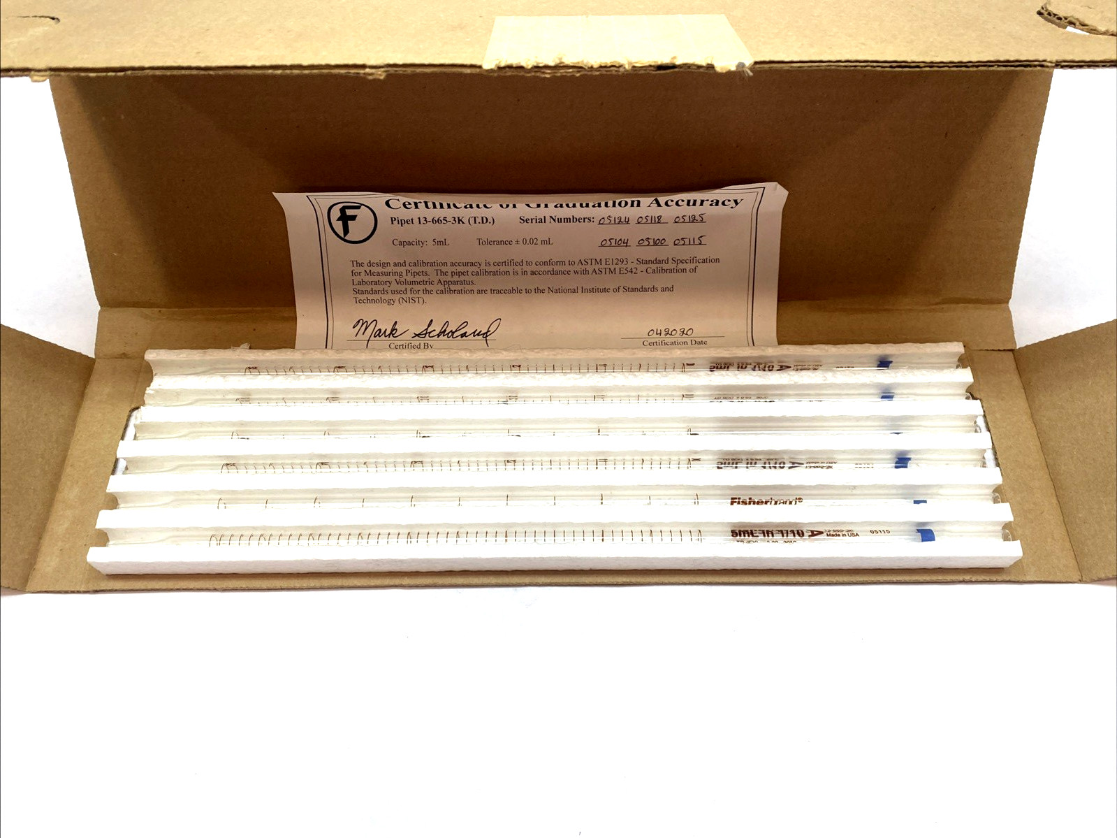 Fisher Scientific 136653K 5 mL SER A Mohr Pipet LOT OF 6