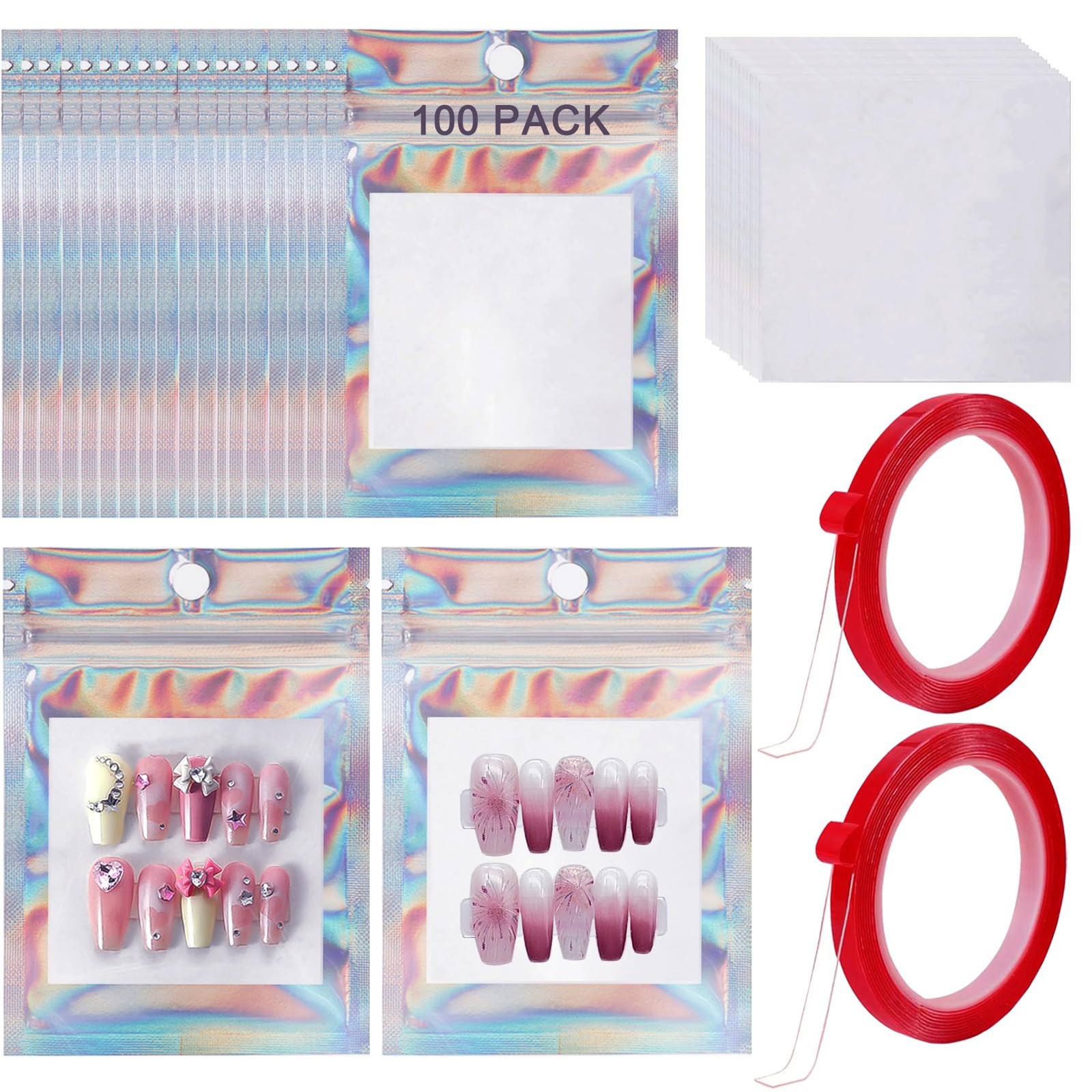 100 PCS Press on Nail Packaging Bag for False Tips Small, Laser